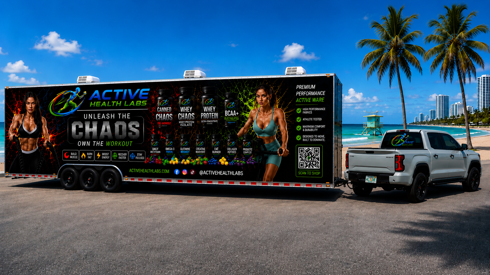 Active Health Labs branded mobile trailer at a beach event — women's product lineup